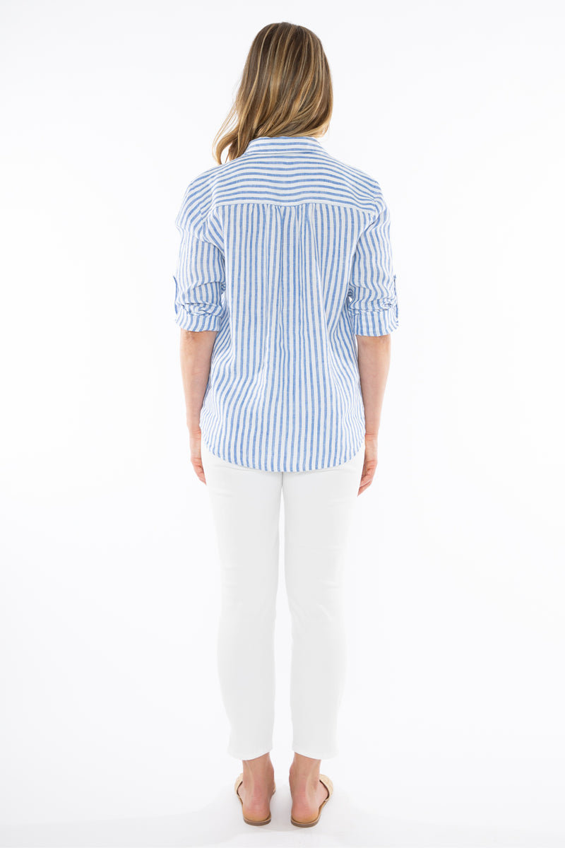 jump stripe linen shirt cobalt/white