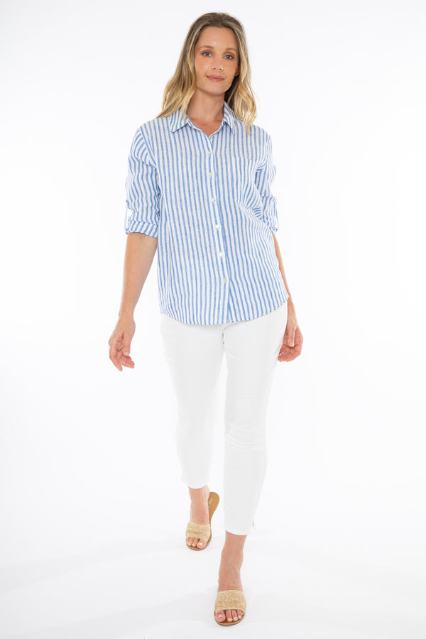 jump stripe linen shirt cobalt/white