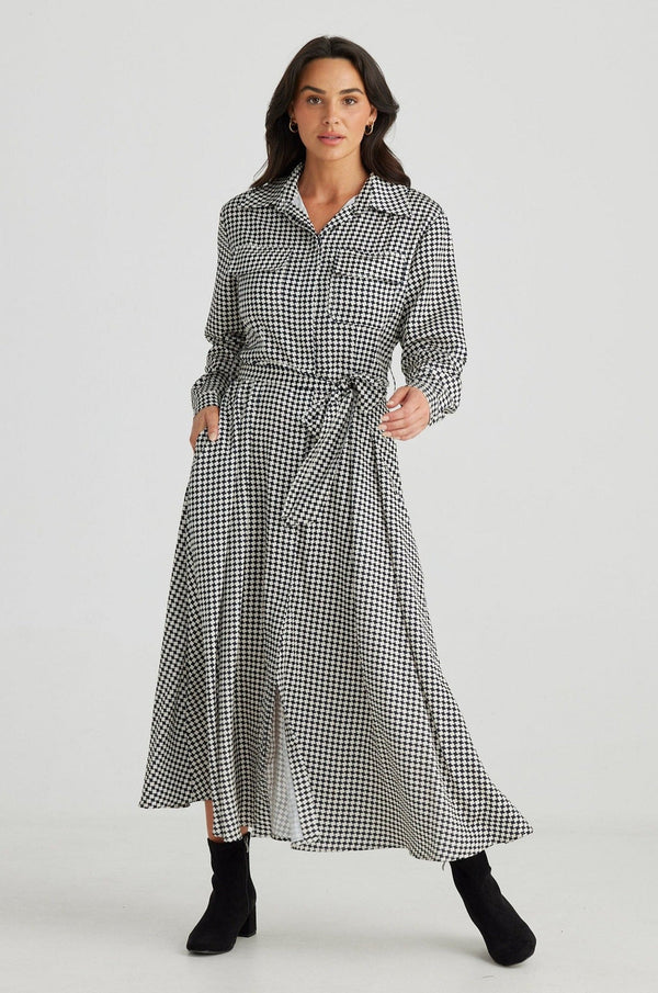 brave & true rossellini long sleeve dress black houndstooth