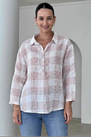 worthier check grandpa linen shirt salmon WY2583